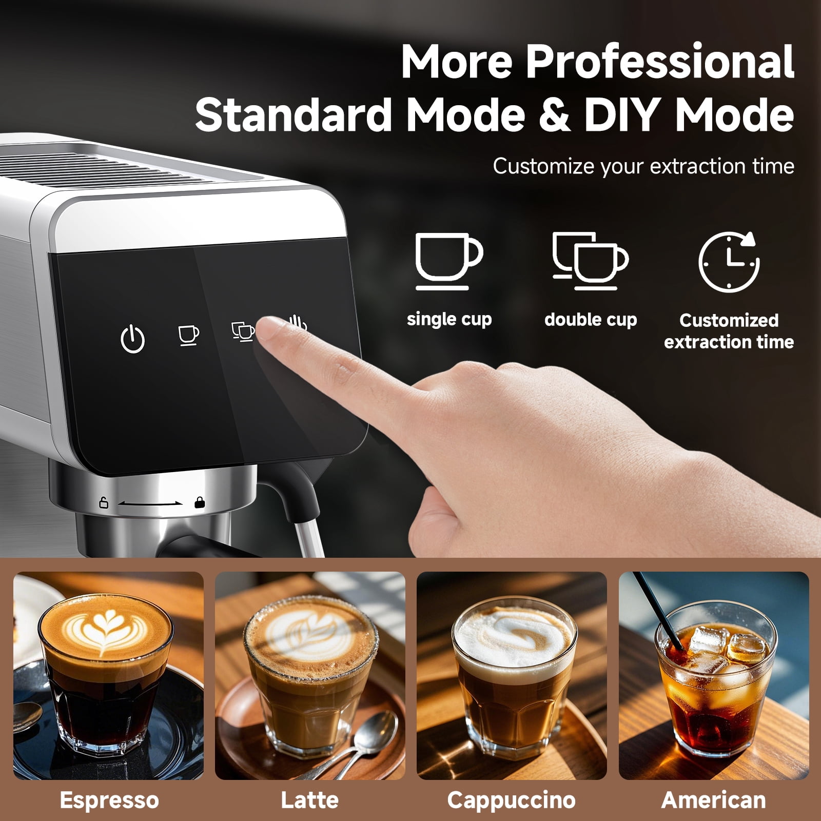Sunmaki Espresso Machine 20 Bar Stainless Steel Coffee Machines with LED Touch Screen Powerful Steam Wand, Removable Water Tank, for Cappuccino, Latte