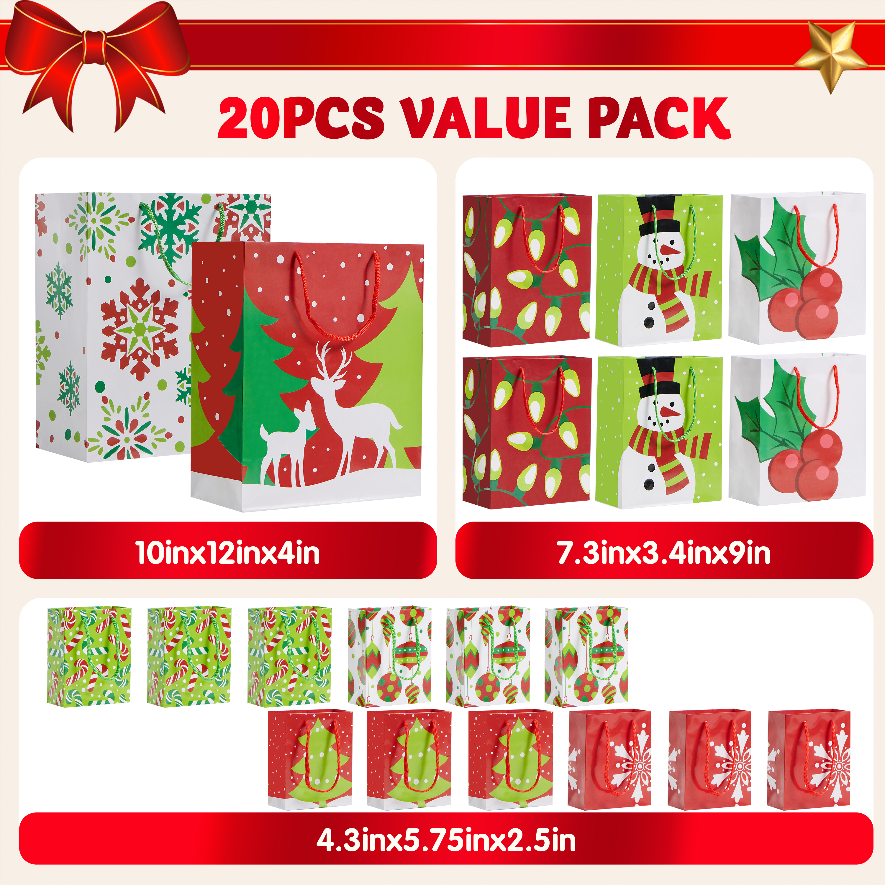 Joyfy 20-Piece Christmas Goody Gift Bags with Handles, Assorted Sizes photo 7