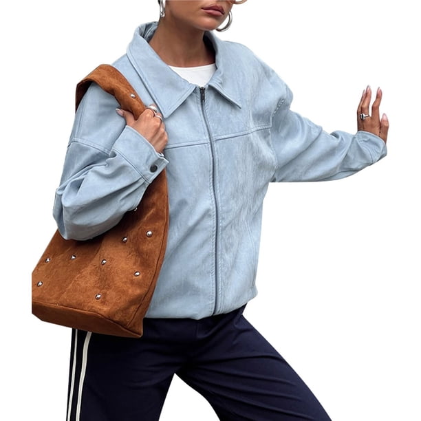 Abrigo Informal de Ante con Solapa y Larga para Mujer, Chaqueta Holgada A para , Otoño e Invierno Azul L