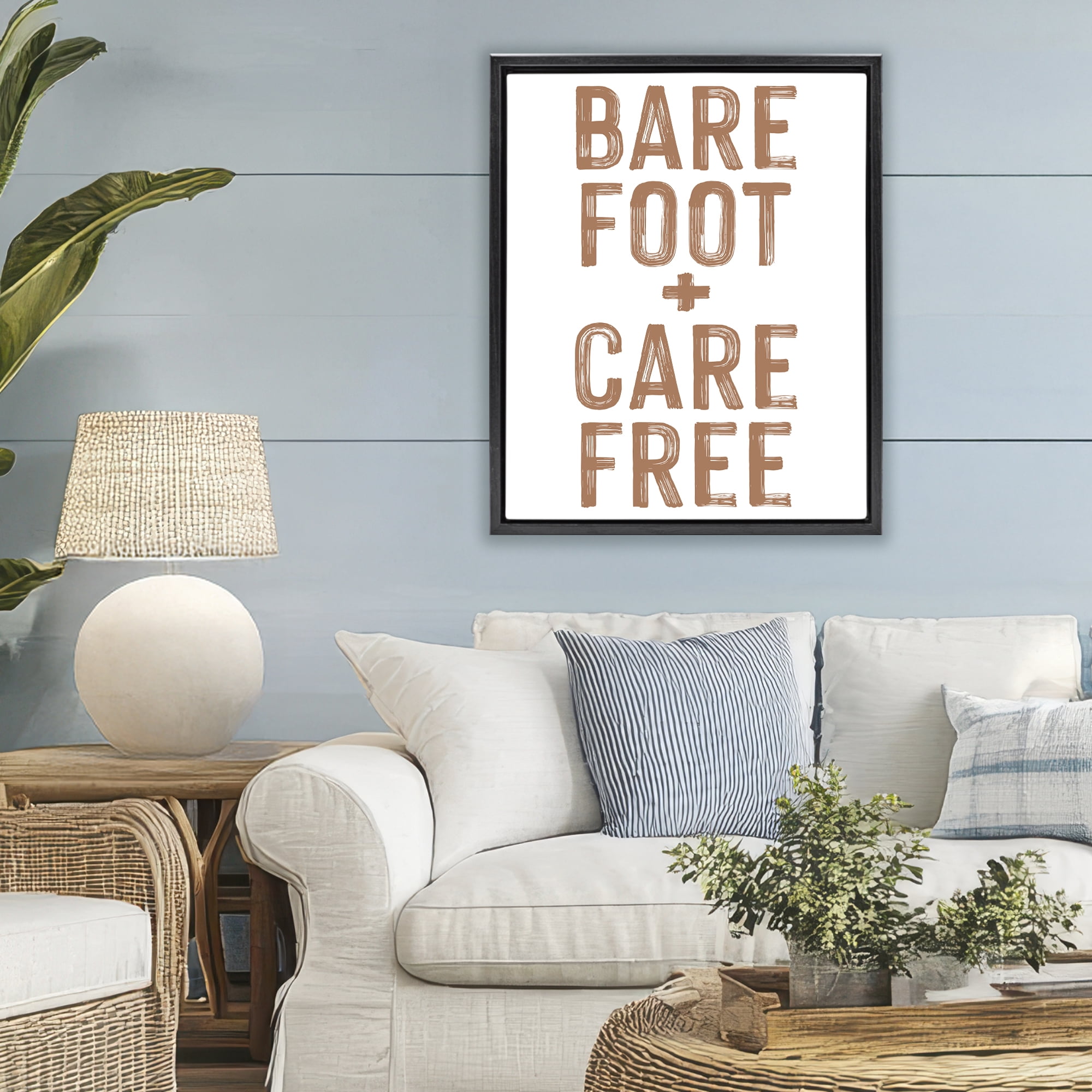 Barefoot Carefree Summer Sentiment Black Framed Floater Canvas Wall Art, design by Lettered and Lined