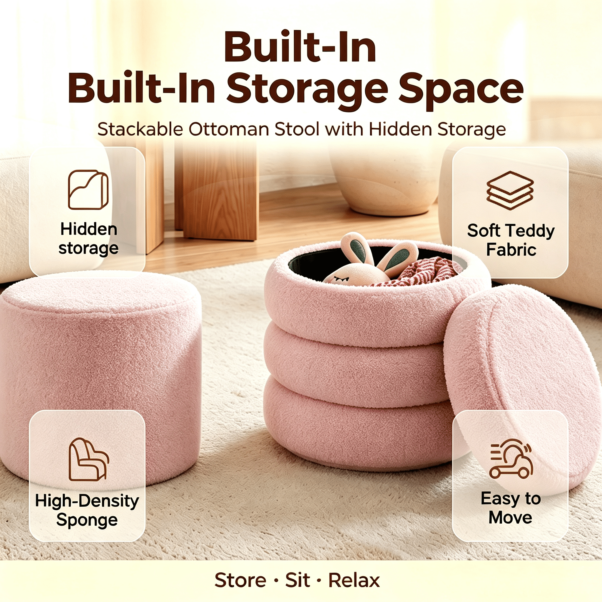 Round Ottoman 16.5 Inch, Storage Stool with Removable Lid for Living Room and Bedroom, Set of 2 Vanity Stools and Foot Rest, Pink