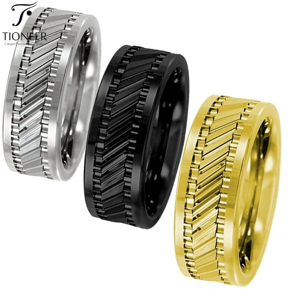 Tioneer Tungsten Carbide Classic Mens 8mm Wedding Band Ring Gear Pattern High Polish Finish