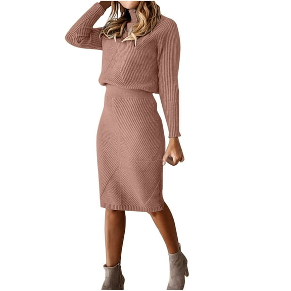 QQAMB Dresses for Women Turtleneck Knitted Solid Color Thick Lapel Pullover Sweater Set Midi Dress Brown L