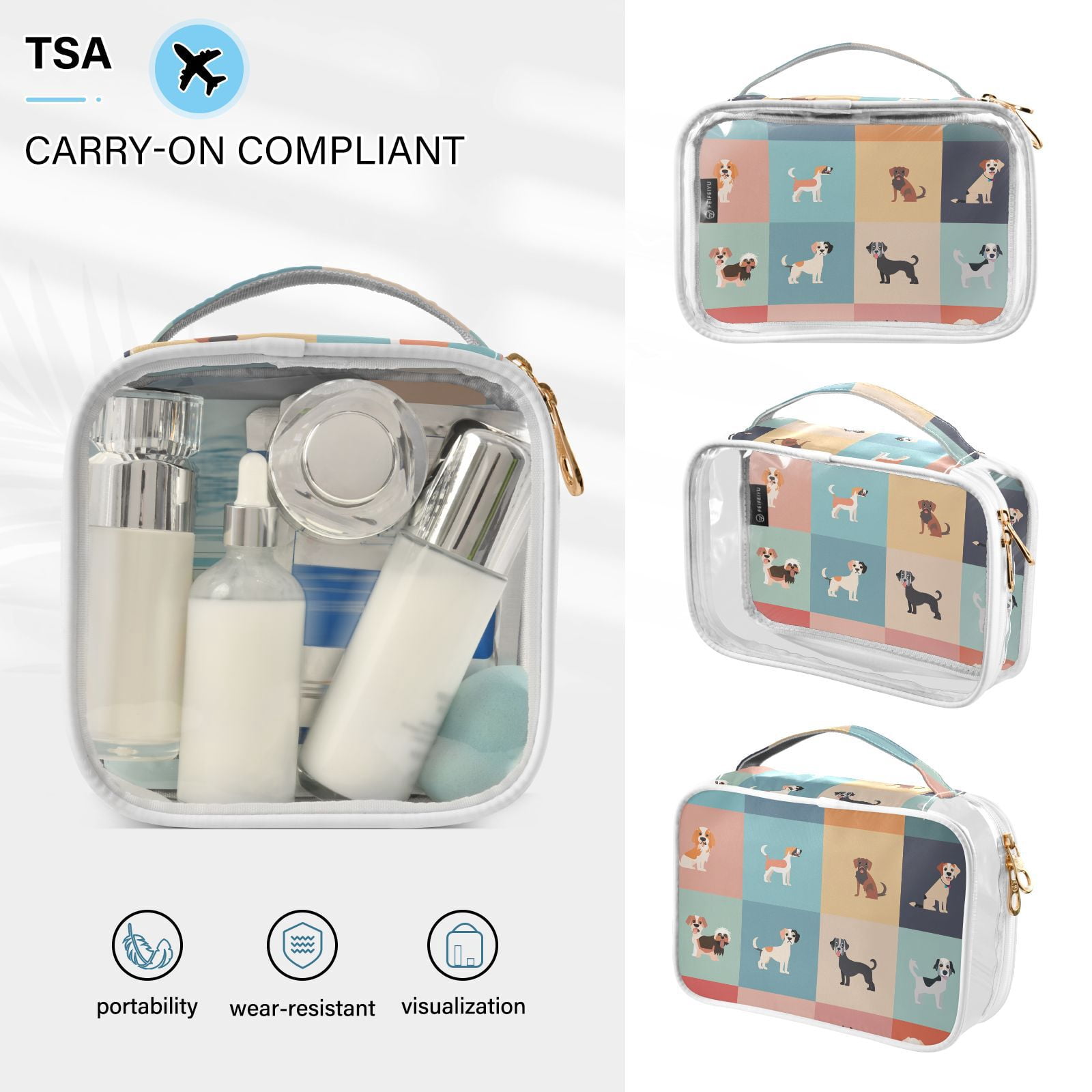 Clear Makeup Bags with Handle Large Opening 2 Pack Set Toiletry Bag Quart Size Bag, for Women Man Traveling Travel Essentials, Toiletries and Other. Doggies
