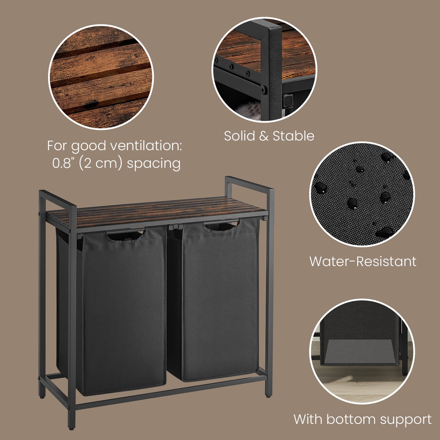 LEDREM 2-Compartment Laundry Hamper with Shelf, 24.2 Gallon (92L) Foldable Clothes Sorter, Removable Oxford Fabric Liners, Steel Frame & MDF Panel, Light，Dark Laundry Separation, Black