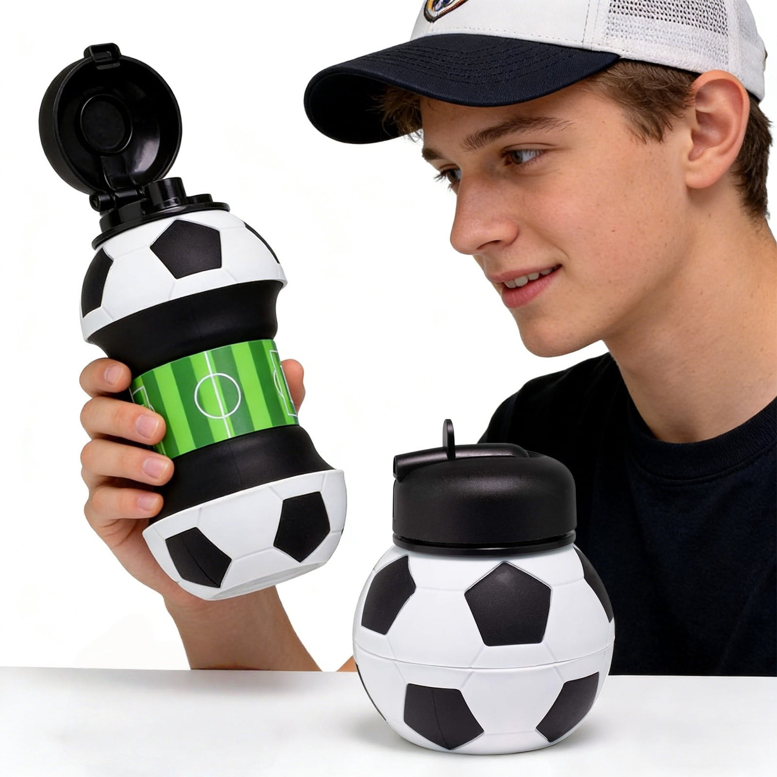 CMrtew Kids 34 OZ Sports Silicone BPA-Free Water Bottle, Collapsible Football Shape Foldable and Leak Proof Water Bottle for School Kids,Travel,Hiking,Riding and for Movements