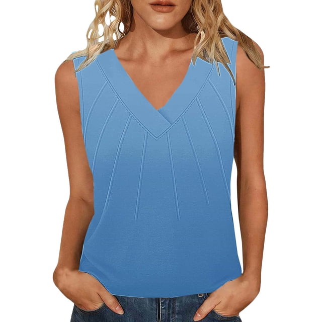 Mujeres sin mangas Tops de verano gradiente color fuera de posición impresión V-cuello blusa casual Mujeres V-cuello de verano Tops