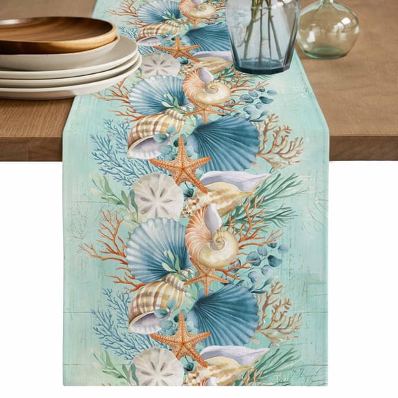 Beach Coastal Teal Cotton Linen Table Runner for Dining Kitchen, Nautical Shell Starfish Coral Summer Wedding Outdoor Party Tablerunners, Dresser Scarf Coffee Tablecloth Runners 13x70 Inches