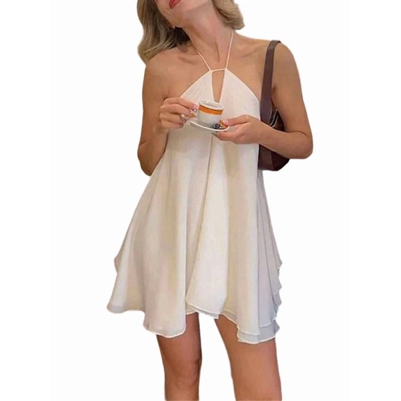 Women'S Mini Dress Halter Neck Sleeveless Tie Backless Swing Flowy Beach Dresses Summer Clothes White L