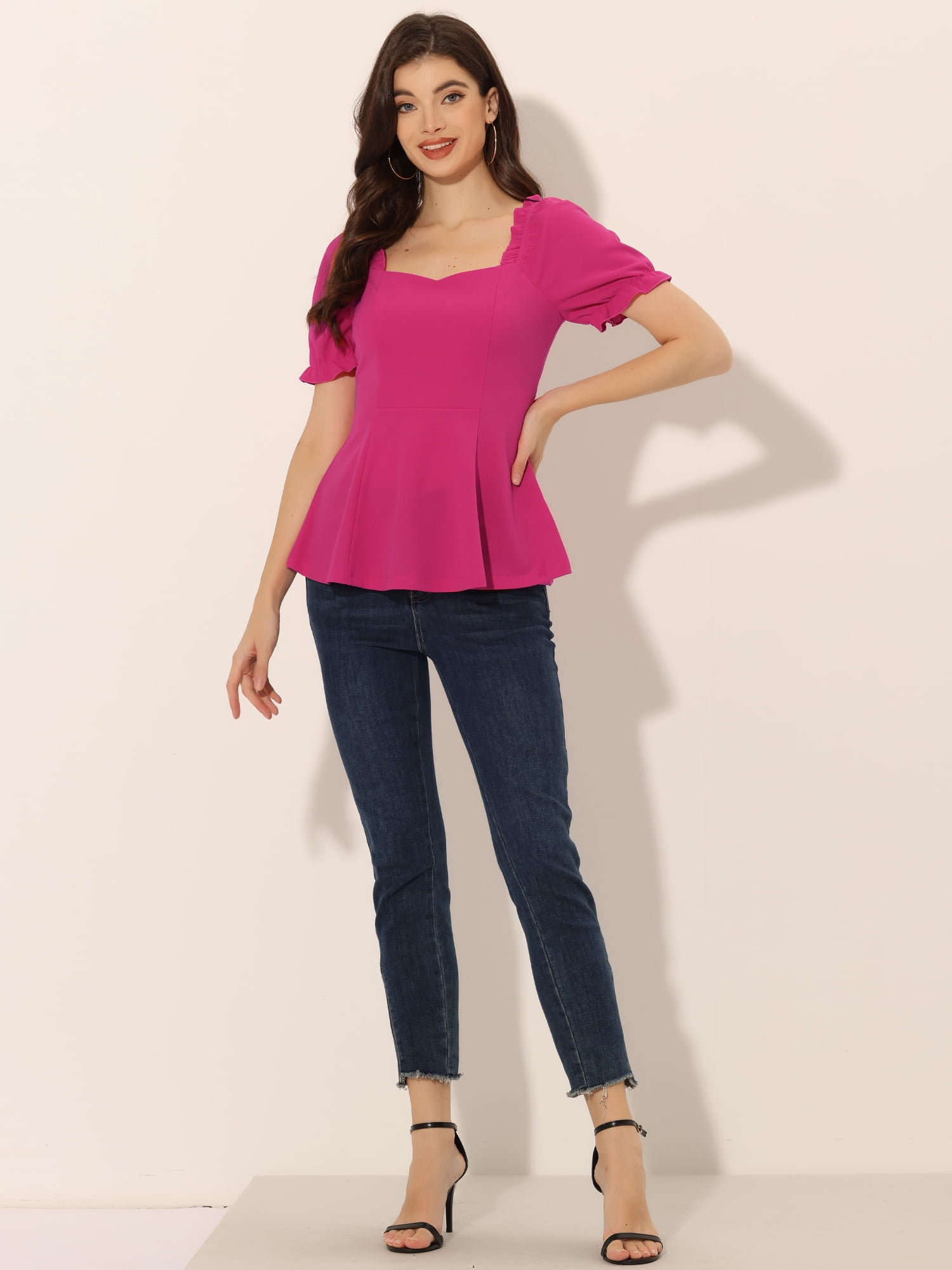 DARING DIVA Puff Sleeve Elegant Ruffle Peplum Blouse M Hot Pink
