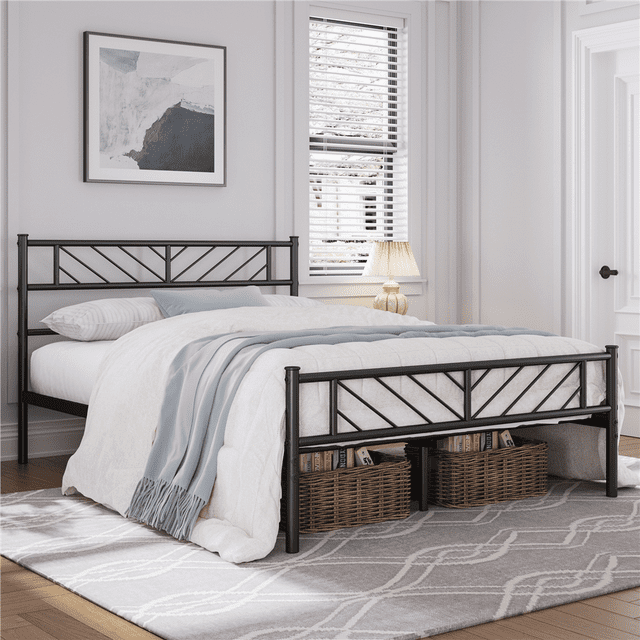 Yaheetech Lit Plateforme en Métal avec Tête et Pied de Lit au Motif de Flèches, Grand Lit, Noir