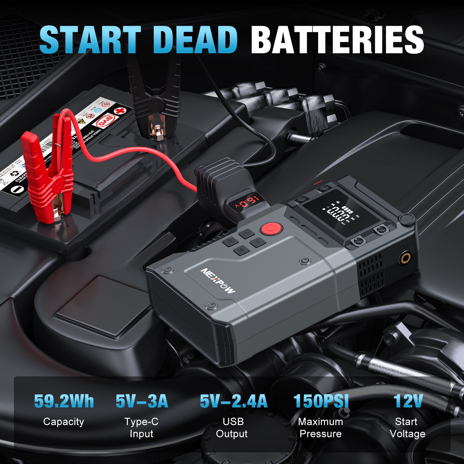 NEXPOW 3500A Car Jump Starter with Air Compressor, 12V Portable Battery Booster (9.0 Gas/8.0L Diesel) with Emengency LED Light, 150PSI Air Pump for Cars
