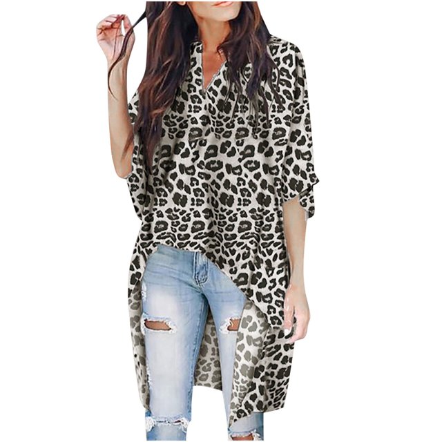 Blusa informal con estampado de leopardo y manga de murciélago irregular con cuello en V para mujer Fridja gope2056
