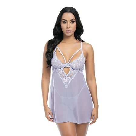 Elsie Lace & Mesh Underwire Babydoll w/G-String 2 pc Set - Brunnera Blue L/XL