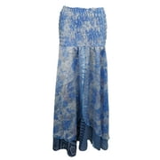 Mogul Womens Beach Dress Vintage Silk Sari Blue Two Layered Maxi Skirt