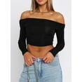 thumbnail image 3 of Women's Off-Shoulder Cropped Tops Solid Color Long Sleeve Ruched Show Navel T-Shirts, 3 of 9