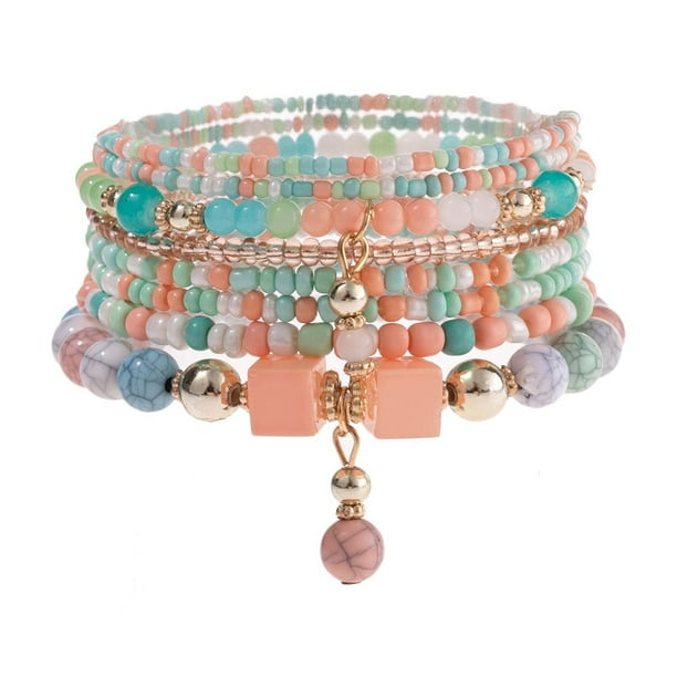 Pulseras bohemias para mujer Pulsera elástica de cuentas de colores multicapa Pulseras con dijes de cuentas Joyería hecha a mano