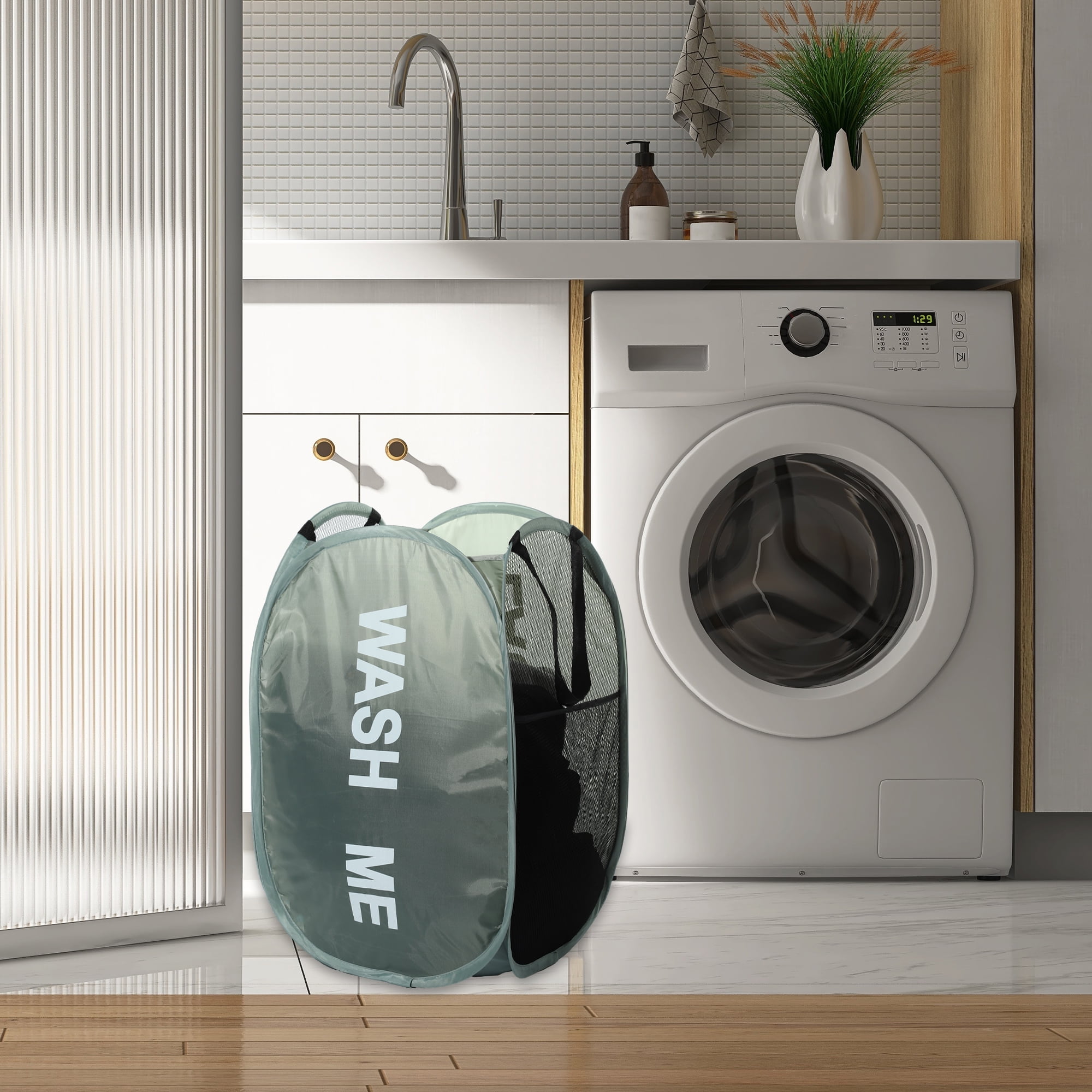 Unique Bargains Folding Laundry Basket Durable Hamper for Bathroom Green