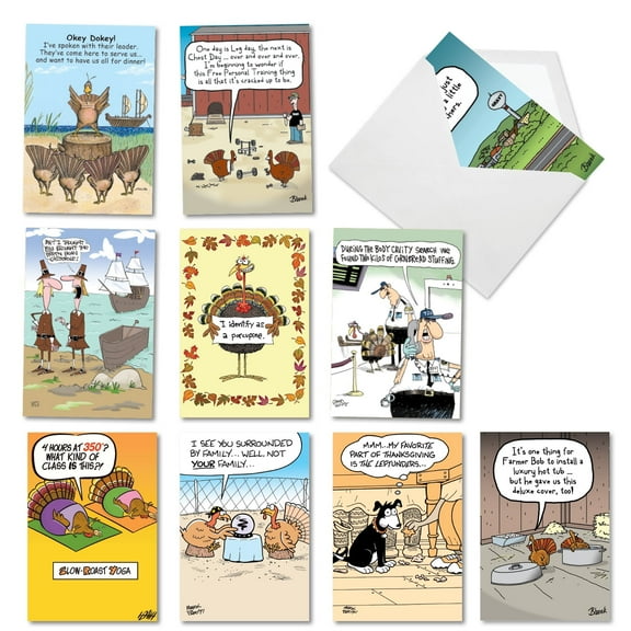 NobleWorks 10 Assorted set Funny Thanksgiving Greeting Cards w/5 x 7 Inch Envelopes (10 Designs, 1 Each) Turkey Toons AC8775TGG-B1x10