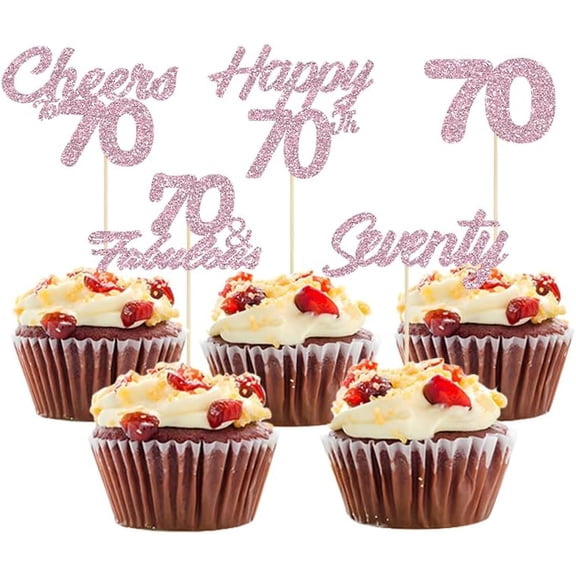 12pcs Pink Glitter Happy 70th Birthday Cupcake Toppers Seventy Cheers to 70 Years Old Birthday Food for 70th Wedding Anniversary Party Cake Decorations