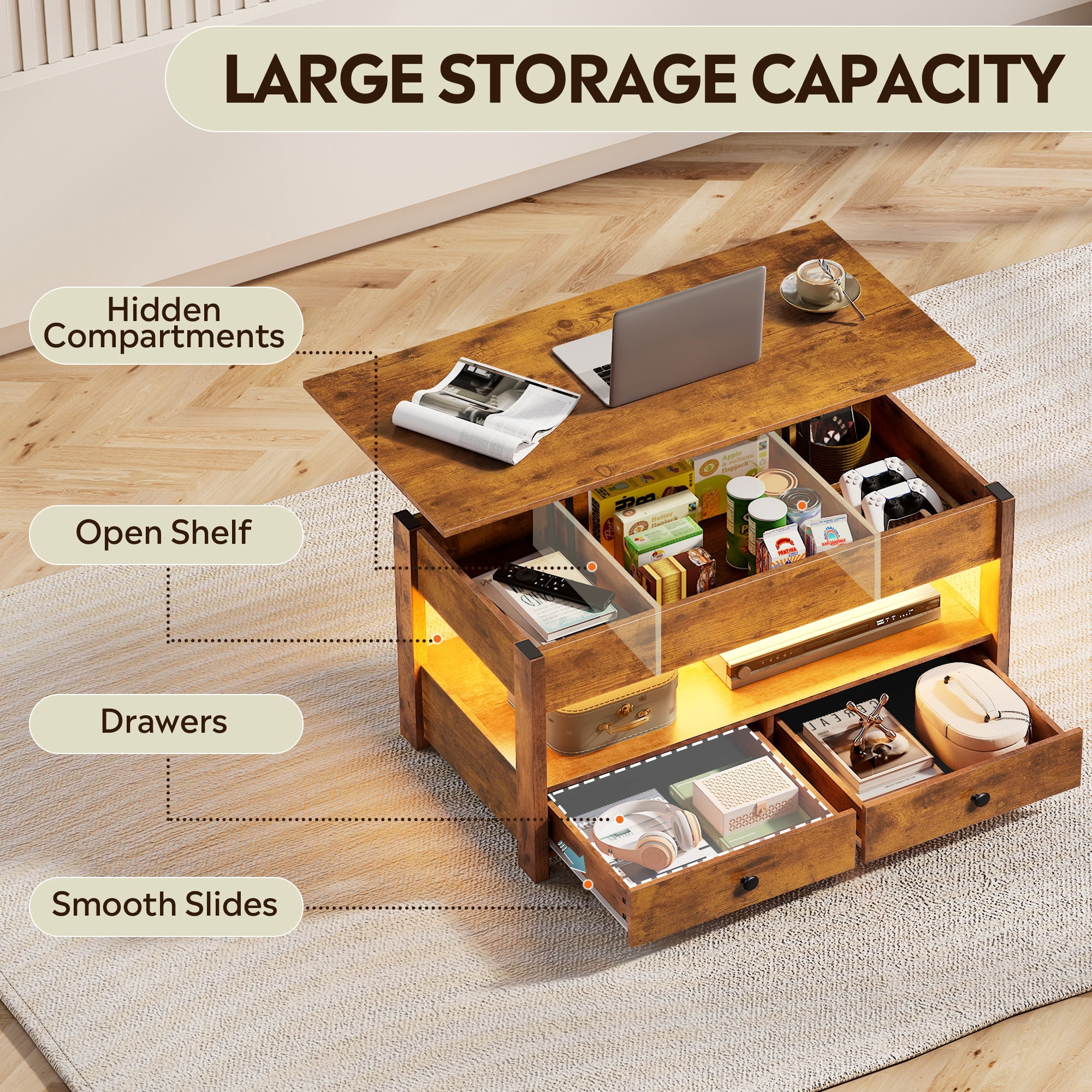 GALAXHERO Lift Top Coffee Table for Living Room Table with 2 Drawers & LED Light & Large Storage and Open Shelf Rustic Brown