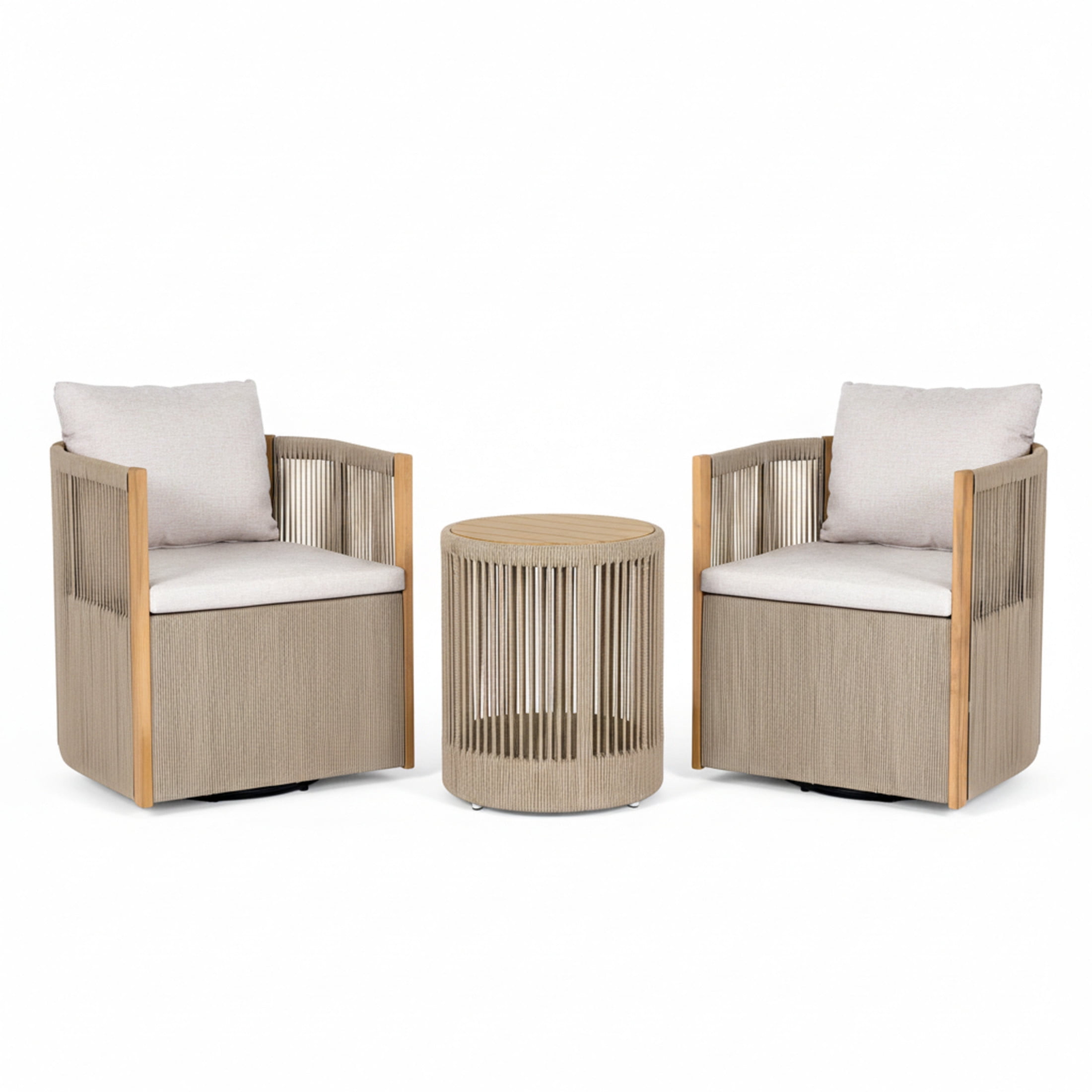 Christopher Knight Home 3 Piece Acacia Wood Outdoor 360° Swivel Chair and Side Table Set, Beige