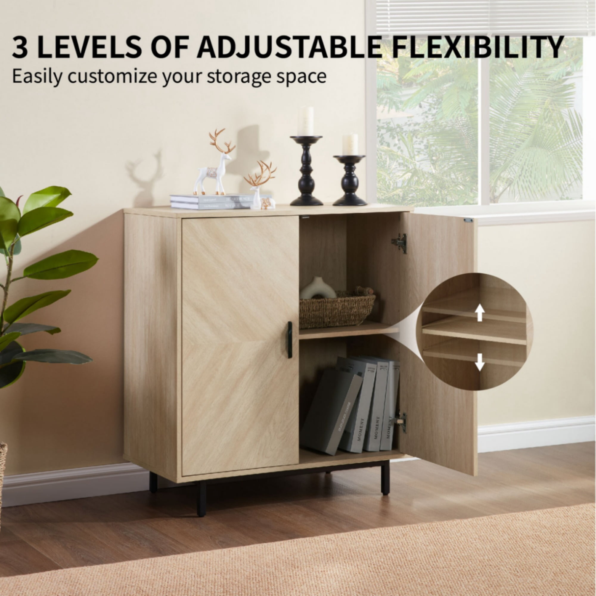 GARITIN Modern Wood Grain Accent Cabinet with Doors, Buffet Sideboard Storage Cabinet with Adjustable Shelf and Concealed European Hinges, Stylish Organizer for Living Room Kitchen Entryway, Yellow