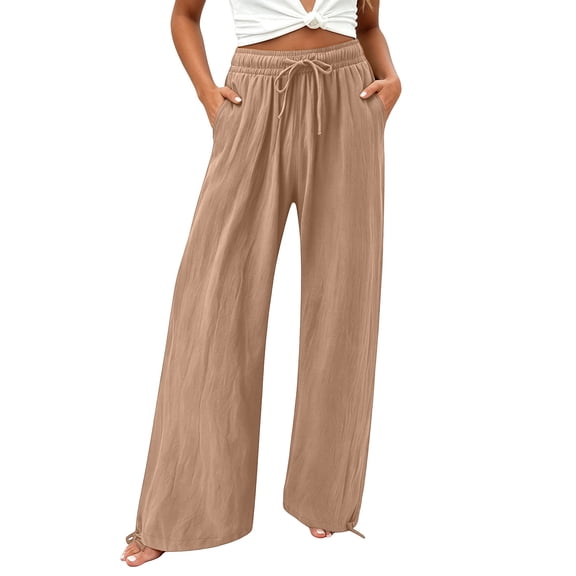 cocolona Womens Summer Casual Plus Size Pants Elastic Waist Straight Wide Leg Vacation Beach Pants with Pockets