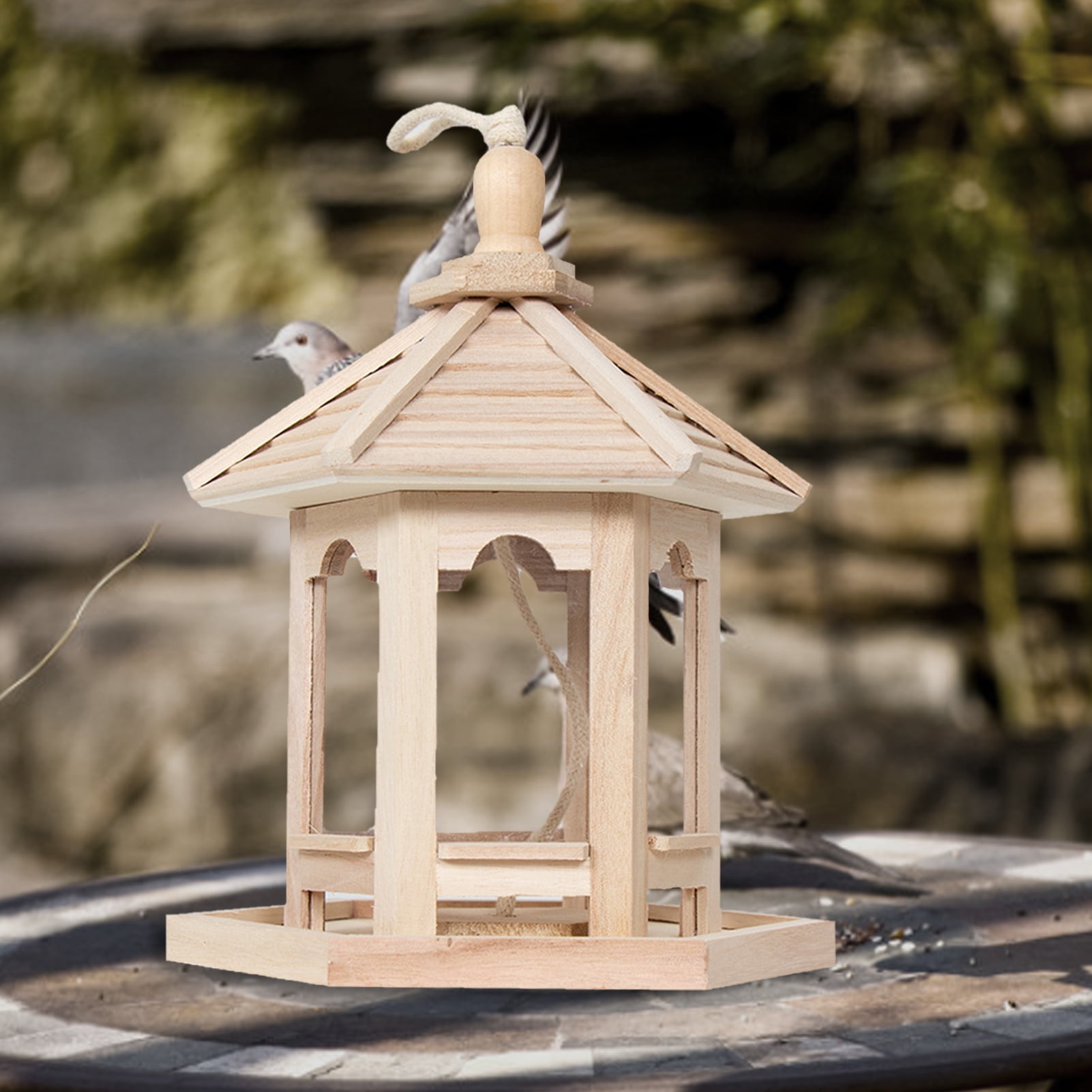 Huanledash Bird Feeder High Capacity Hexagon Shaped Roof Wood Creative Bird Nest for Garden