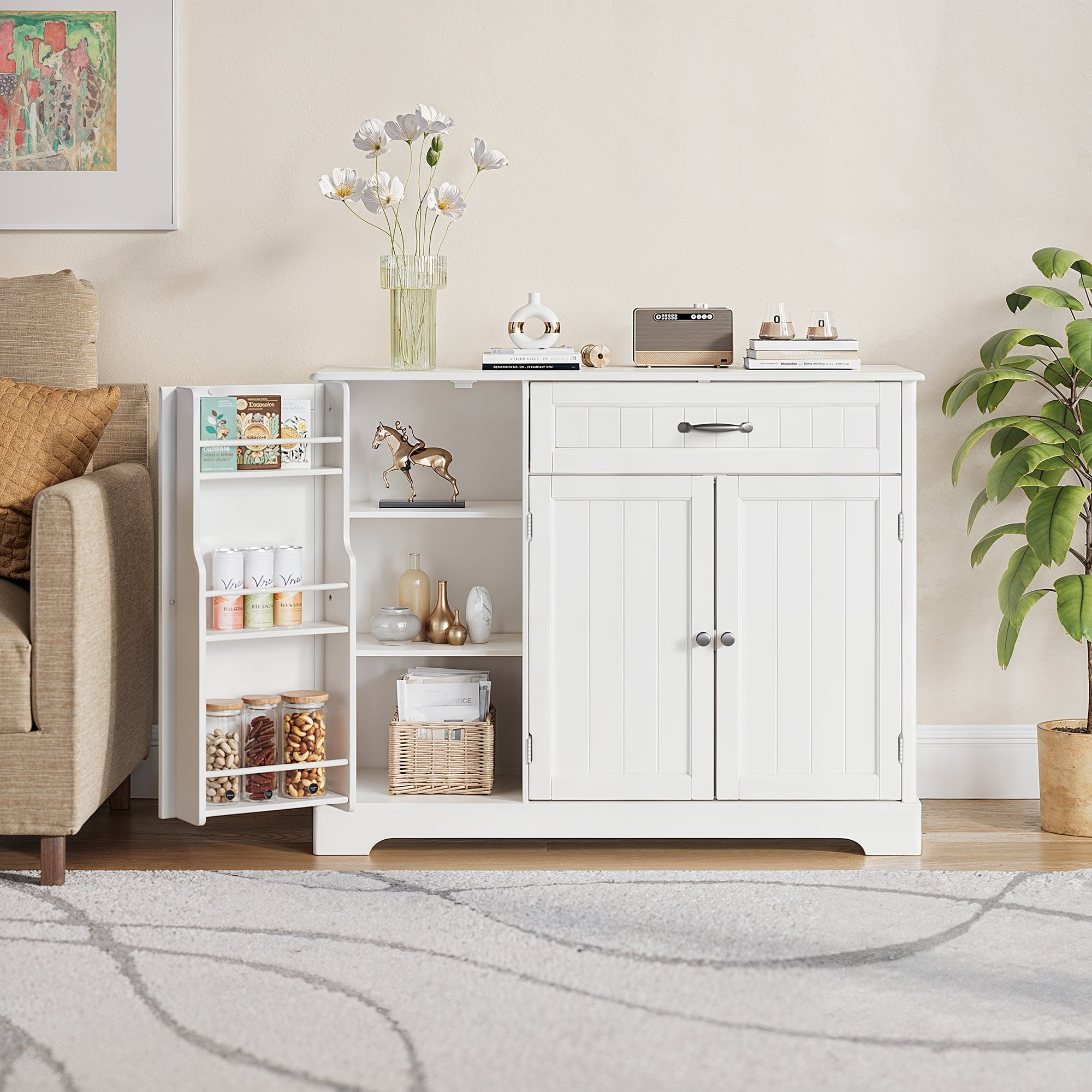 Asofer 42" Kitchen Storage Cabinet, Sideboard Buffet with 3 Doors & 1 Drawer & 8 Shelves, White