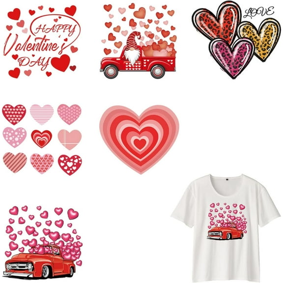 6 Pcs Valentine's Day Theme Heat Transfer Stickers Heart Pickup Truck Iron On Patches DIY Heat Transfer Vinyls Stickers Sew On Decals for T-Shirt Jackets Sweatshirt Backpack Clothing Applique