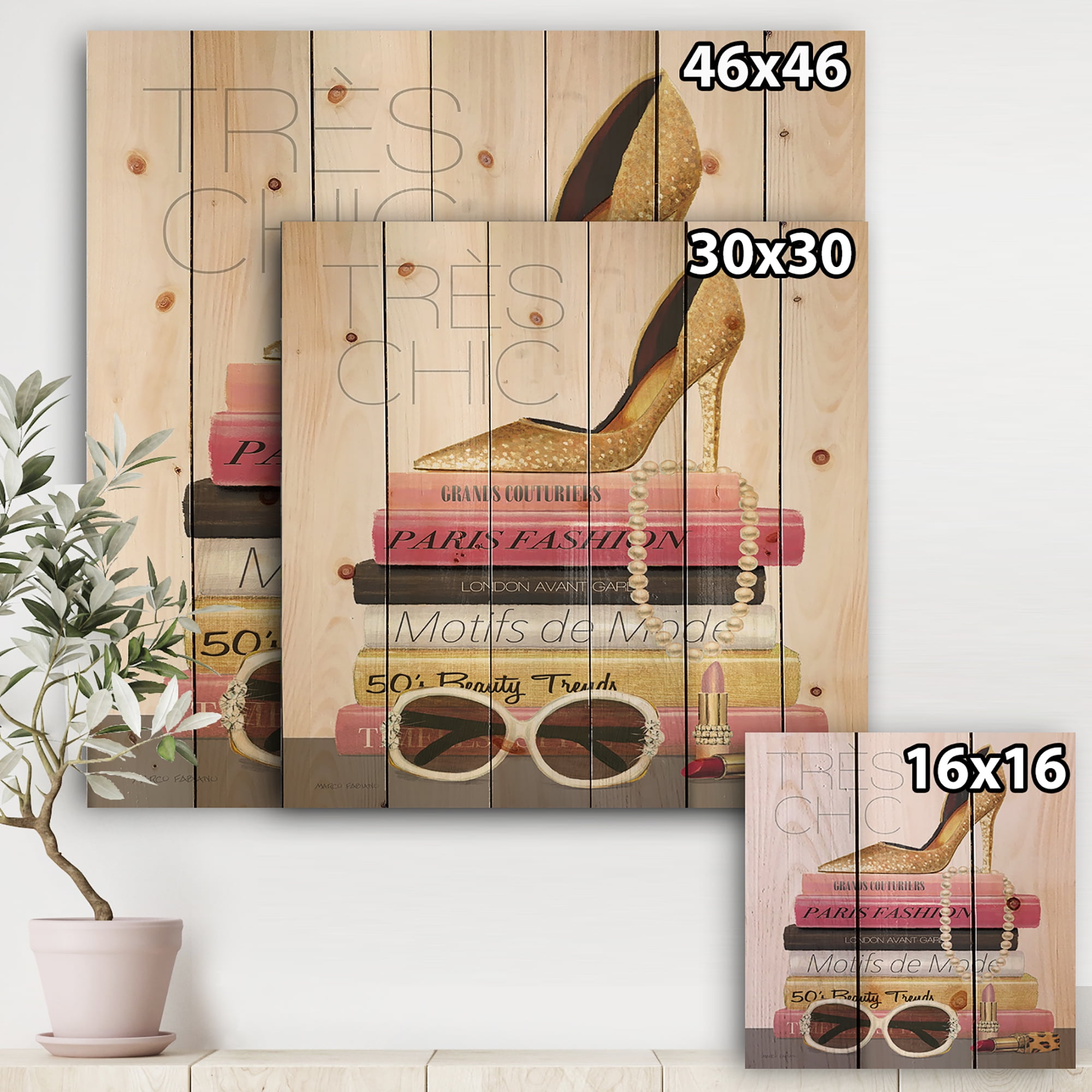 Designart 'Paris Style II Gold and Black Tres Chic' Posh & Luxe Print on Natural Pine Wood