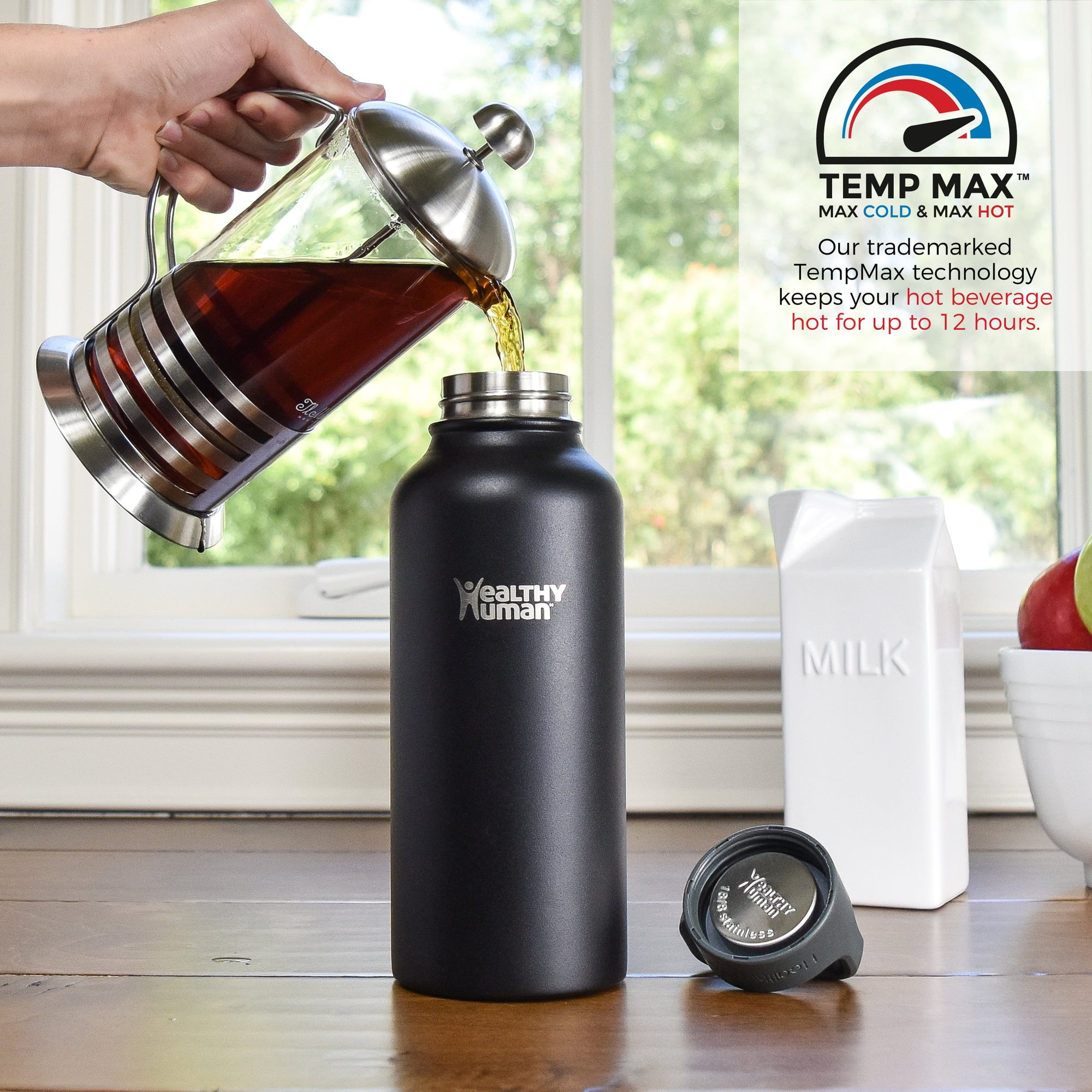 Healthy Human Stainless Steel Water Bottle | Double Walled Vacuum Insulated Water Thermos for Adults | Eco-Friendly Travel Bottles with Leak Proof Lid (Pure Black, 32 oz/ 946 ML)