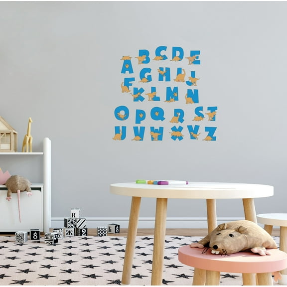 DINO LETTERS - Home Art Vinyl Brown Dinosaur Silhouettes Decoration Blue Colored Alphabet Letters Design Kids Bedroom Playroom Educational Art Wall Decal Sticker 20" x 18"
