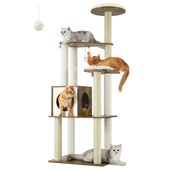 FEANDREA Cat Tree-WoodyWonders, 65-Inch Modern Cat Tower for Indoor Cats, Multi-Level Cat Condo with 5 Scratching Posts, Rustic Brown