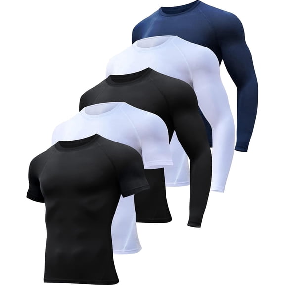 alpinario 5 Pack Men's Workout Compression Shirts Short Sleeve Shirts, Black, Blue, White, X-Large
