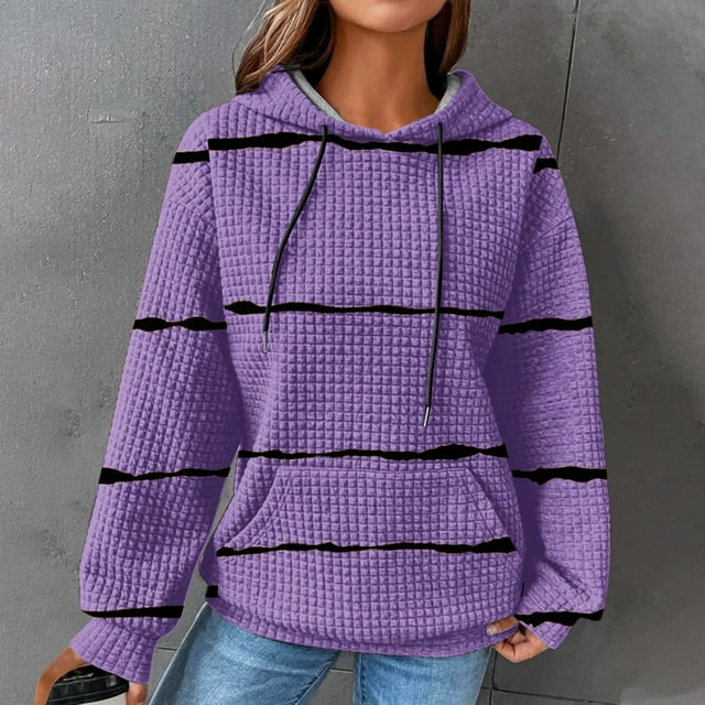 EGNMCR Sweat à Capuche à Manches Longues pour Femmes, Imprimé Rayé, avec Poches, Automne