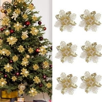 Luxtrada Set of 6 Pcs Christmas Poinsettia Flowers Ornaments Glitter Floral Accessories 6.3inches Simulation Flower Festival Xmas Wreath Tree Decorations for Party Home Wedding (Gold)