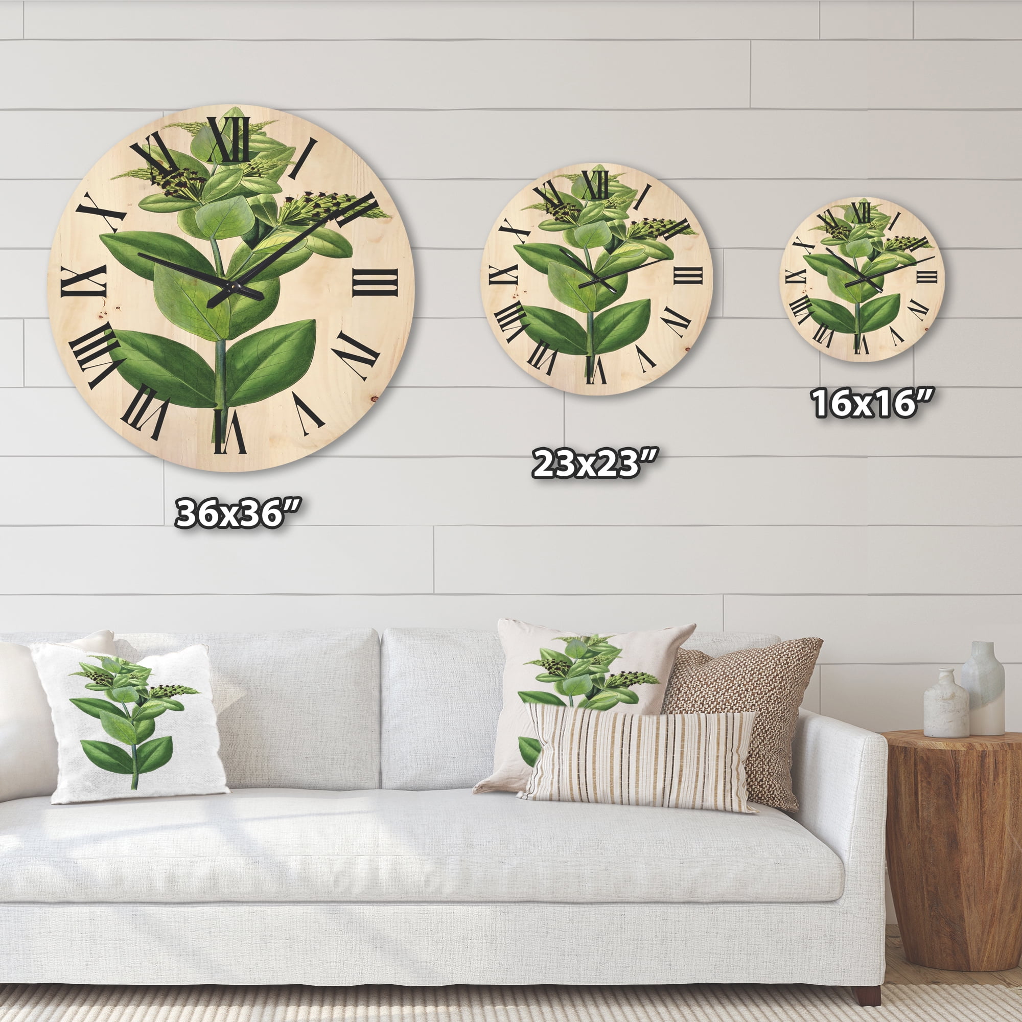Designart 'Ancient Green Leaves Plants VI' Traditional Wood Wall Clock