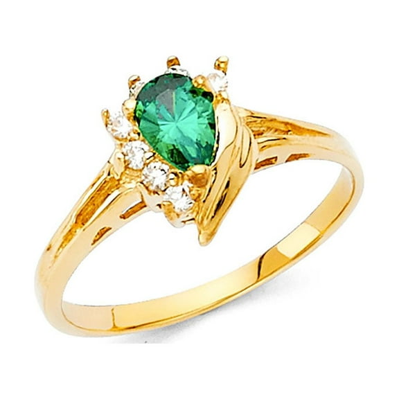 CZ Pear Ring Halo Solid 14k Yellow Gold Green CZ Band Teardrop Cocktail Ring Style Fashion Fancy, Size 7