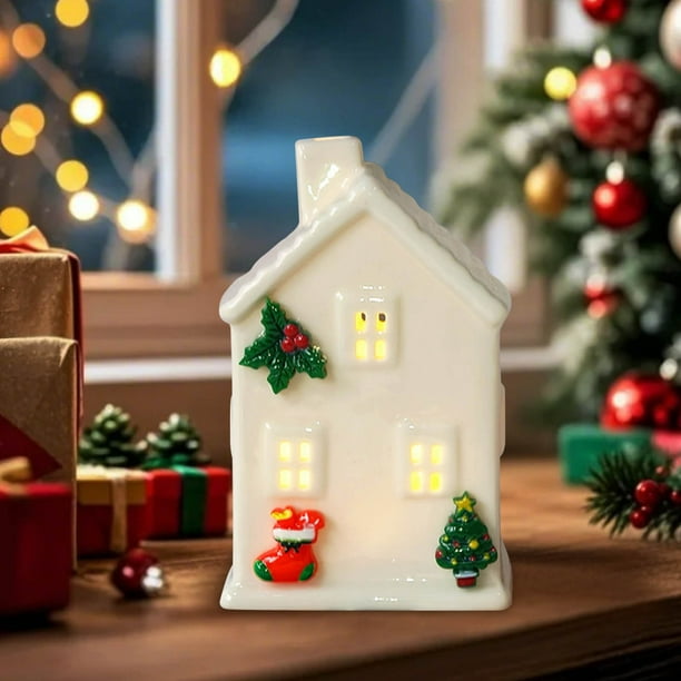 Casita de Navidad de Cerámica con Luz Led Decorativa | Diseño de Copo de Nieve/Árbol de Navidad Hueco | Funciona con Pila de Botón | Ideal para Un Sueño Reparador | Pequeño Regalo | Esmalte de Porcel