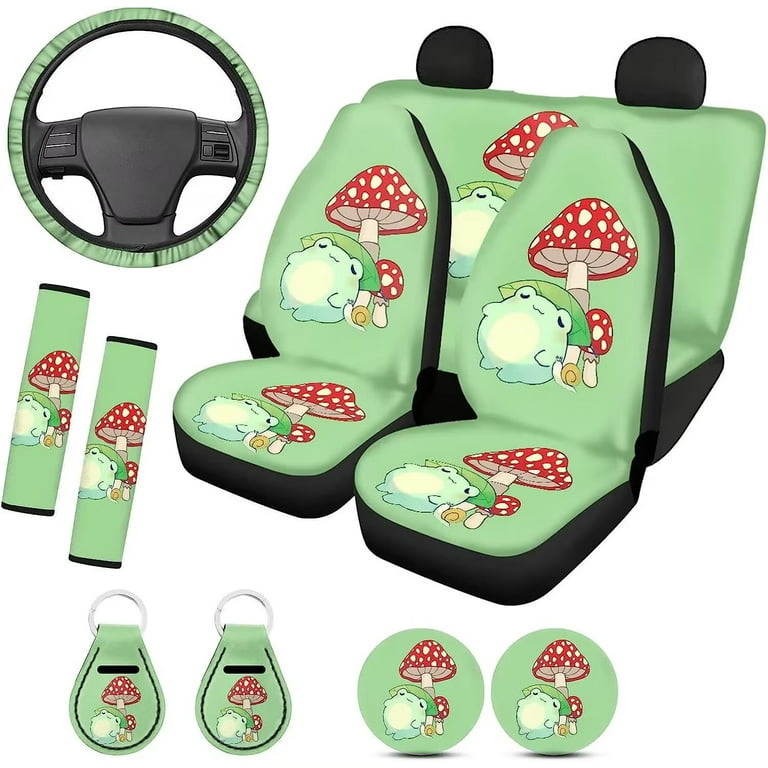 Pzuqiu Mushroom Frog Car Accessories Seat Seat Cover for Cars for Women Cute  Interior Set with Steering Wheel Cover,Universal Front and Rear Seats  Protectors,Seat Belts Pads,Cup Coaster,Keychain 