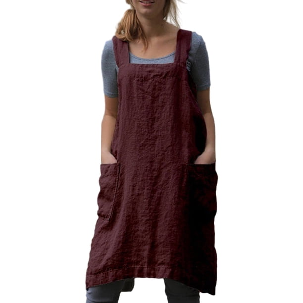 Delantal cuadrado tipo pechera para mujer, para cocinar, hornear y trabajar en la jardinería, vestido de mezcla de algodón y lino con espalda cruzada y 2 bolsillos