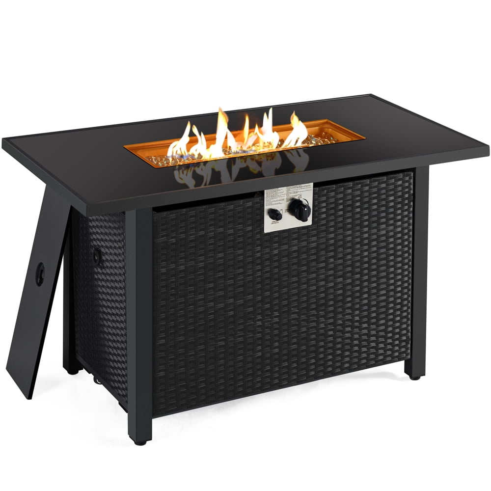 Topeakmart 43'' Outdoor Propane Fire Pit Table 50,000 BTU Gas Fire Pit with  Tempered Glass Tabletop, Rattan Wicker Base, Fire Glass Stones and Rain  Cover, Black - Walmart.com