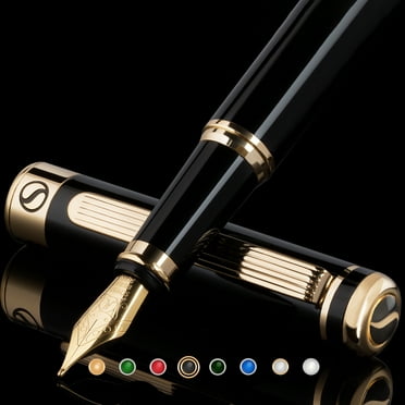 Scriveiner Luxury Fountain Pen - Stunning Black Lacquer Pen, 24K Gold Finish, Schmidt 18K Gilded Nib (Medium), Converter, Best Pen Gift Set for Men & Women, Professional, Executive, Office, Nice Pens