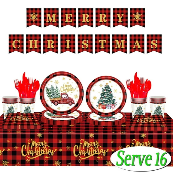 Christmas Dinnerware Christmas Paper Plates and Napkins for Party Supplies include Tablecloth Banner Disposable Party Plates Holiday Tableware Paper Goods Serve 16
