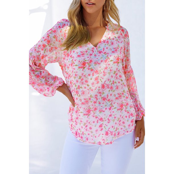 ABPHQTO Top de manga larga abullonada con cuello en V y estampado floral para mujer