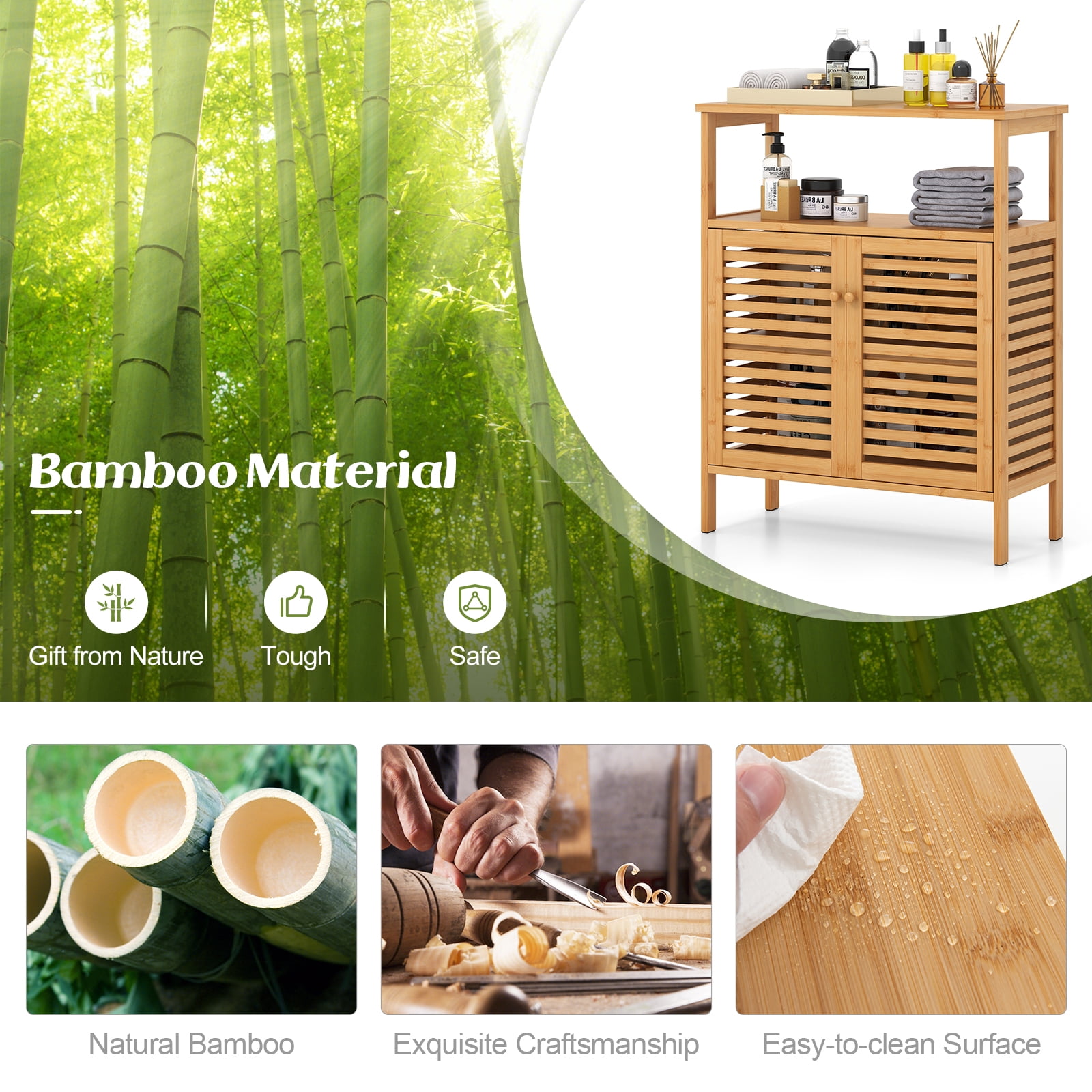 Giantex Bamboo Bathroom Cabinet, Storage Organizer w/Double Louvered Doors, Freestanding Floor Cabinet for Entryway, Kitchen