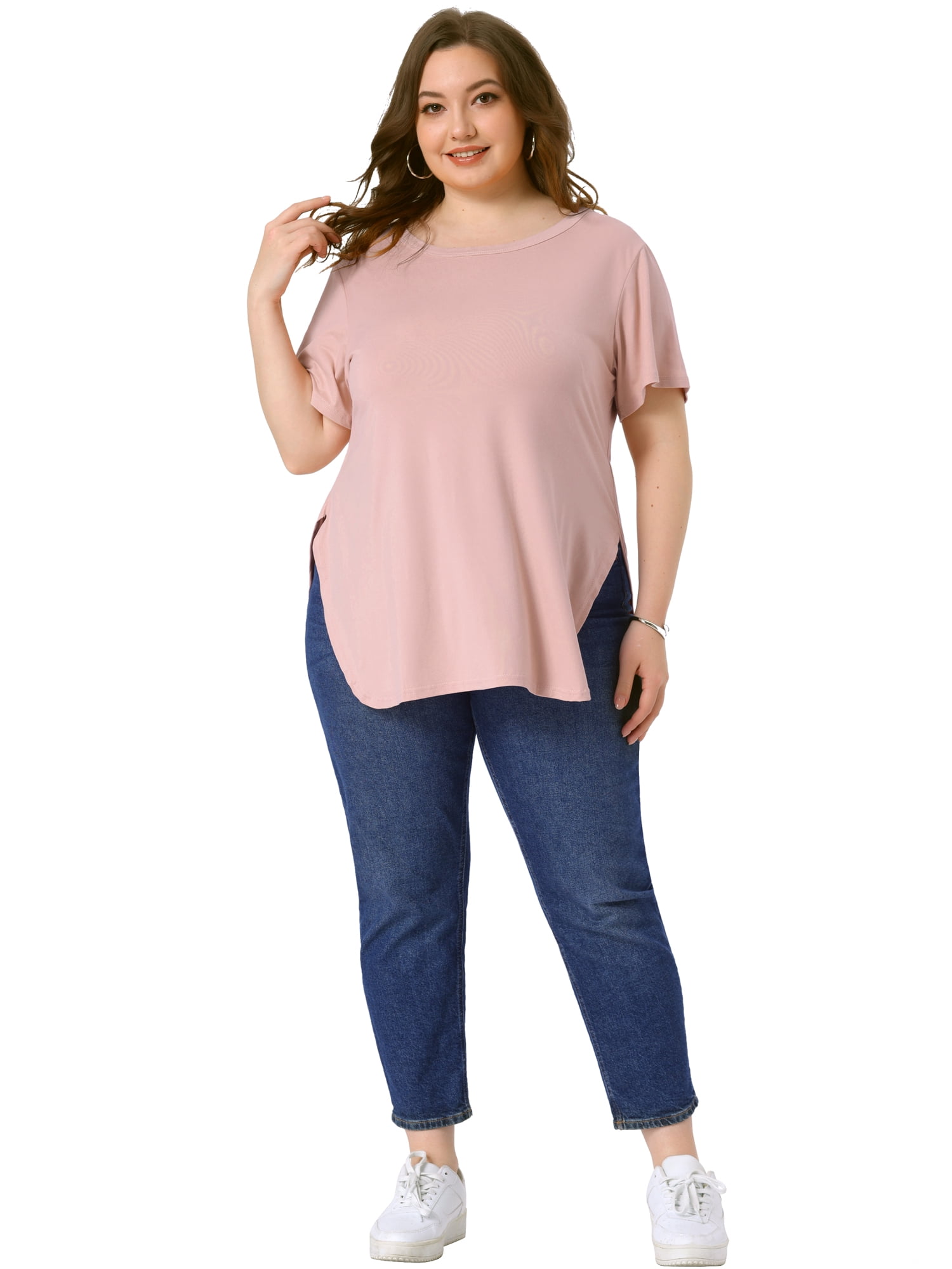 DARING DIVA Women's Plus Top Round Neck Side Split Hem T-Shirts 1X Pink