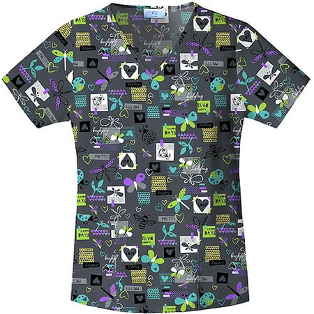 Lovely Bugs Print Shaped V-Neck Scrub Top